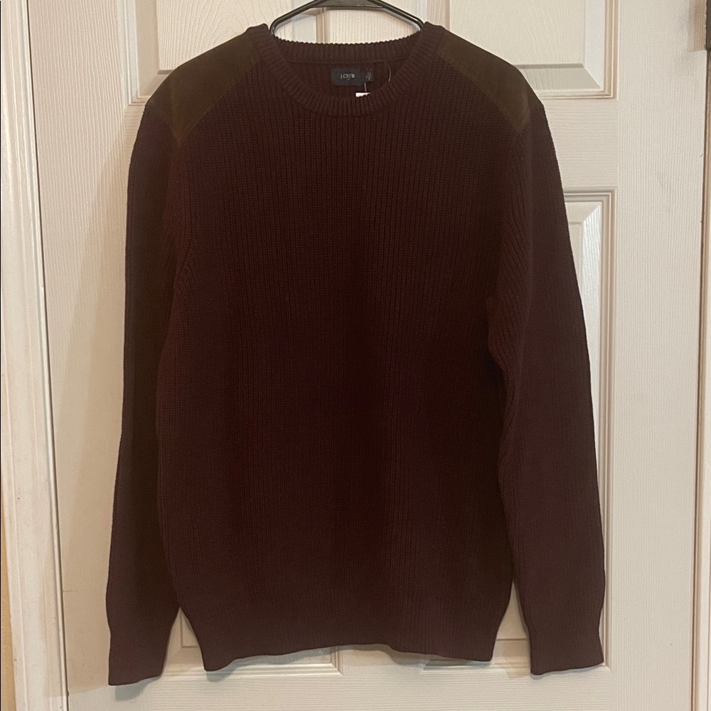 J Crew Shoulder Patch Crew Neck Knit Burgundy Shaker Sweater